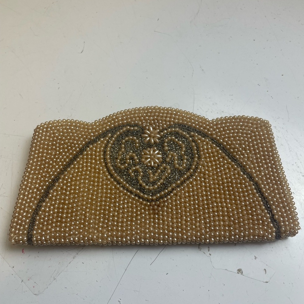 Elegant Beaded Clutch in Tan